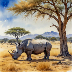 Fototapeta premium watercolor of a white rhino grazing under a shady tree in Kruger National Park.