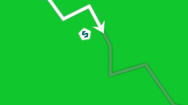 4K animation of going downward arow falling stock index Graph showing fluctuate trend Tickers Changing Motion green screen Background of decline decrease and losses.