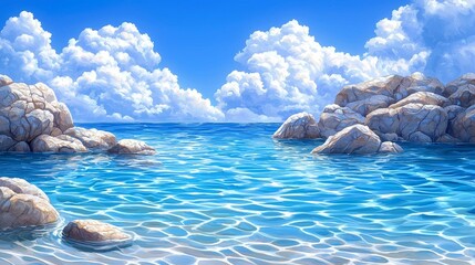 Fototapeta premium Stunning Seascape: Serene Ocean, Blue Water, Sunny Sky, and Rocky Shore. A Perfect Summer Landscape.