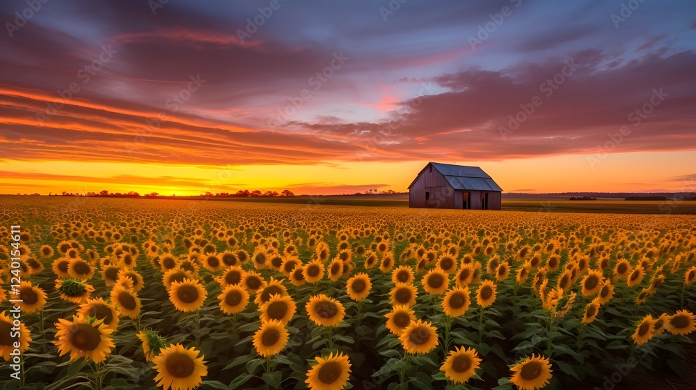Poster expansive sunflower fields stretching towards the boundless horizons creating a vibrant serene and p