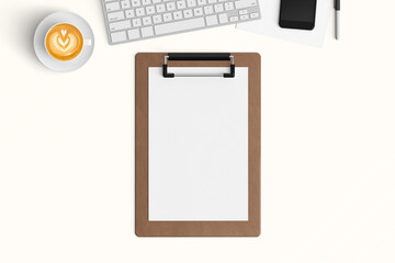 Modern workspace with  copy space on table background. Top view with copy space. Flat lay style. Minimal blank  mockup.
