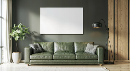 cozy living room interior with a mockup of a painting on the wall . Generative AI