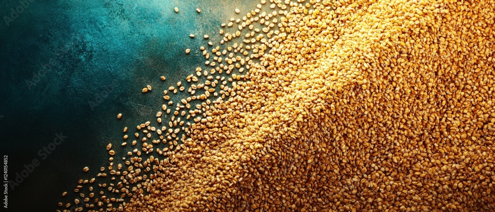 Aufkleber golden wheat grain cascade on dark teal surface creating a textured abstract background