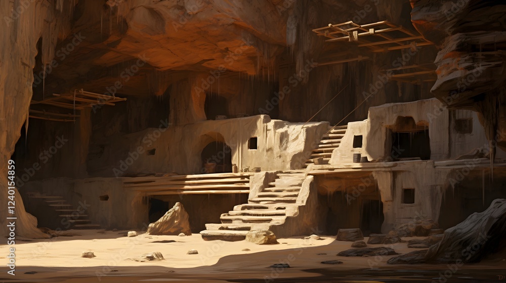 Poster breathtaking coastal caves with sunlight filtering through the majestic openings creating a captivat