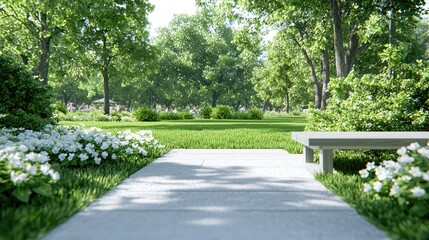 Tranquil park path, sunny day, people relaxing, green background, perfect for travel brochures