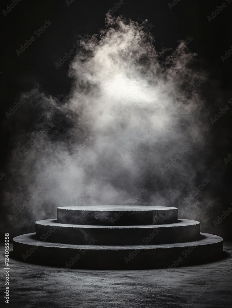 Aufkleber three tiered platform under a cloud of smoke in a dark setting for product display or presentation