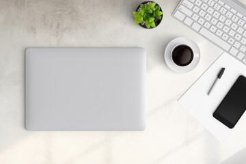Modern workspace with  copy space on table background. Top view with copy space. Flat lay style....
