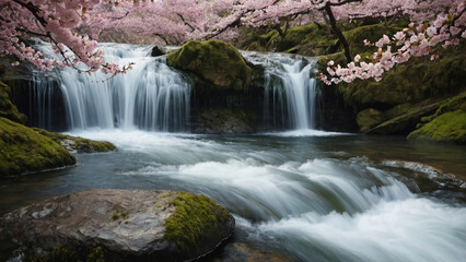 peaceful waterfall in the forest with cherry blossom trees
