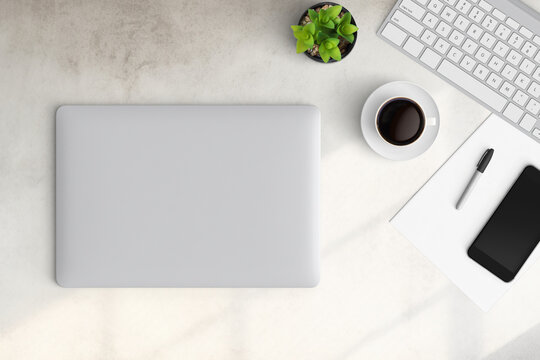 Modern workspace with  copy space on table background. Top view with copy space. Flat lay style. Minimal blank  mockup.