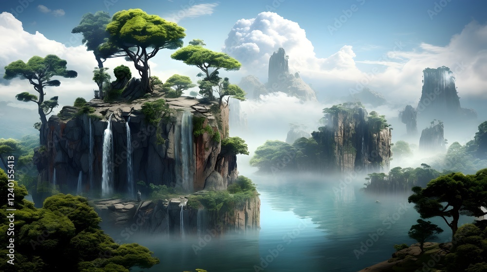 Poster mesmerizing surreal dreamlike landscape featuring floating islands and cascading ethereal waterfalls