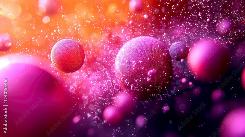 Poster abstract pink and purple bubbles: vibrant macro photography of spheres and fluid dynamics in a color