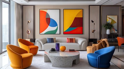 Artsy modern living room with mismatched colorful chairs, oversized abstract paintings, and a terrazzo coffee table.