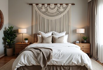 Large Macrame Decor: Bohemian Headboard, Symmetrical Design, Neutral Tones, Chic Bedroom Setting, Cozy Bed, Sharp Digital Art, Inviting Style.

