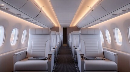 Fototapeta premium Luxurious Private Jet Cabin Interior Elegant White Leather Seats Modern Design Airplane Travel