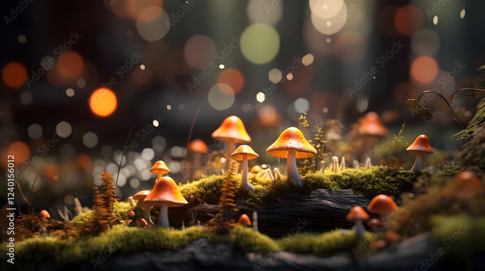 Poster enchanting forest floor covered in a carpet of verdant moss and dotted with tiny glowing mushrooms c