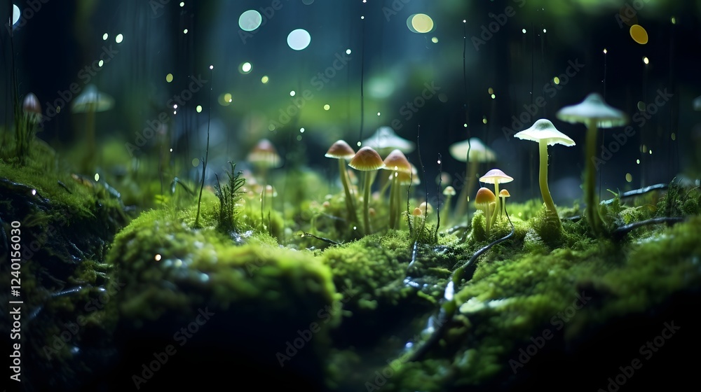 Poster mystical forest floor covered in a carpet of verdant moss and tiny glowing mushrooms creating an enc