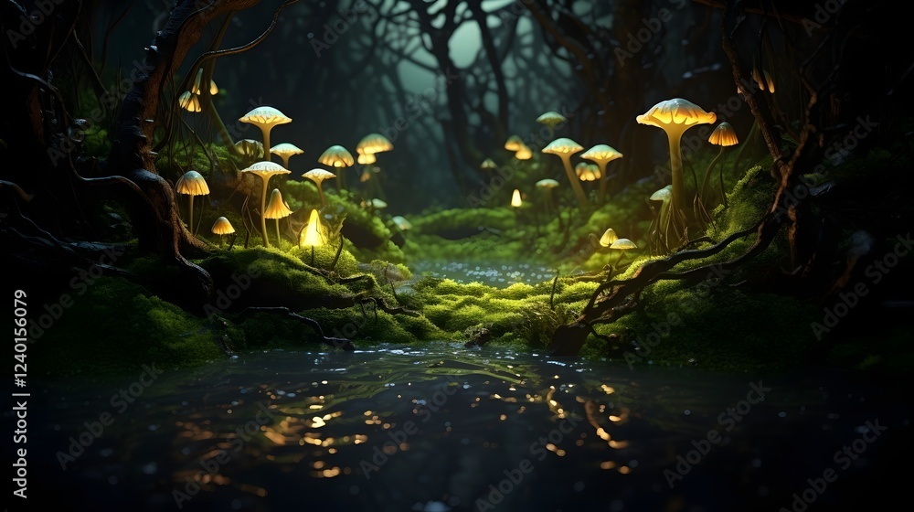 Poster enchanting scene of a forest floor blanketed in a mesmerizing display of vibrant moss and tiny lumin