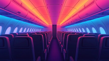 Fototapeta premium Airplane Cabin Interior with Colorful Neon Lighting Empty Seats Modern Design