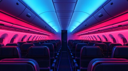 Fototapeta premium Airplane Cabin Interior with Neon Pink and Blue Lighting Empty Seats Modern Aircraft Design