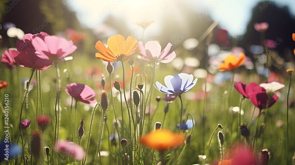 Poster Serene Wildflower Meadow with Colorful Blossoms Swaying Gracefully in the Gentle Breeze Creating a Peaceful and Picturesque Natural Landscape