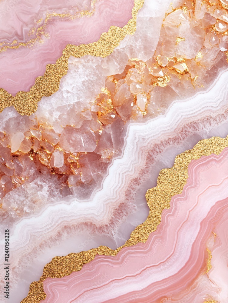 Poster pink and gold geode texture with sparkling crystals and flowing marble pattern abstract art