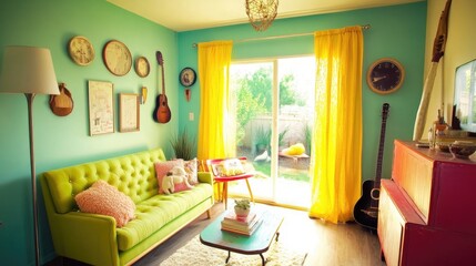 Bright, cheerful living room with a lime green couch, yellow curtains, and a quirky mix of modern and retro furniture.