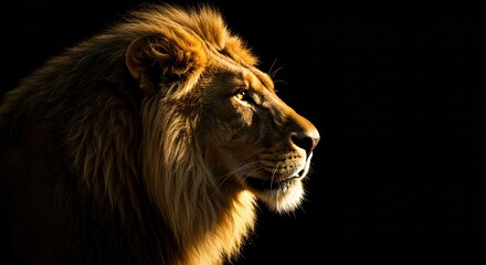 Naklejka premium A stunning close-up of a lion’s face, illuminated by dramatic lighting, showcasing its golden mane, sharp eyes, and powerful expression against a dark background.