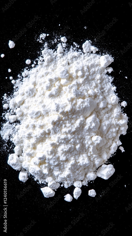 Poster white powder pile on black background with scattered particles creating a textured abstract look