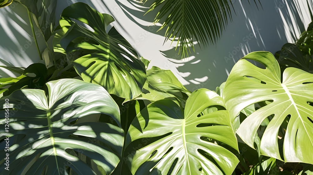 Poster dramatic and moody shadows cast by lush monstera leaves in a tropical botanical setting the intricat