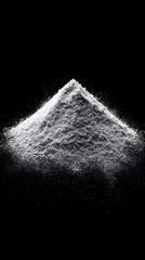 White powder pile on black background forming a small mountain with falling particles