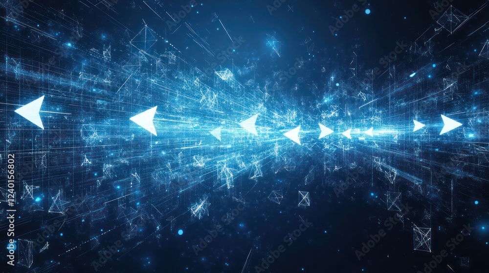 Fototapete Abstract digital data stream with glowing arrows, representing fast internet speed and technological advancement.