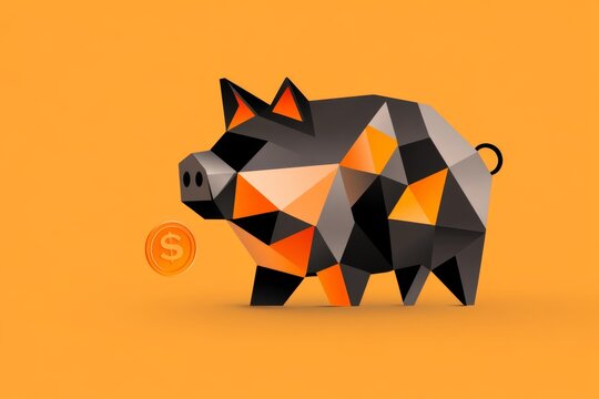 A simple geometric illustration of a coin dropping into a piggy bank, symbolizing saving money in a straightforward design