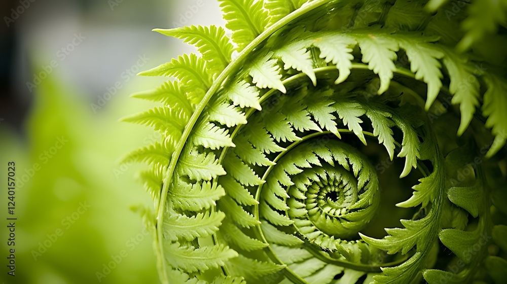 Poster mesmerizing close up view showcasing the intricate spiral unfurling of a fern s delicate vibrant gre