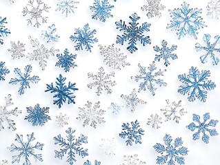A collection of delicate icy blue snowflakes in various intricate symmetrical designs isolated on a white background, perfect for winter-themed graphics and prints.