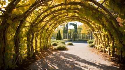 Obraz premium Enchanting green tunnel created by a canopy of hanging vines and dense foliage in a serene lush forest landscape evoking a sense of wonder and discovery