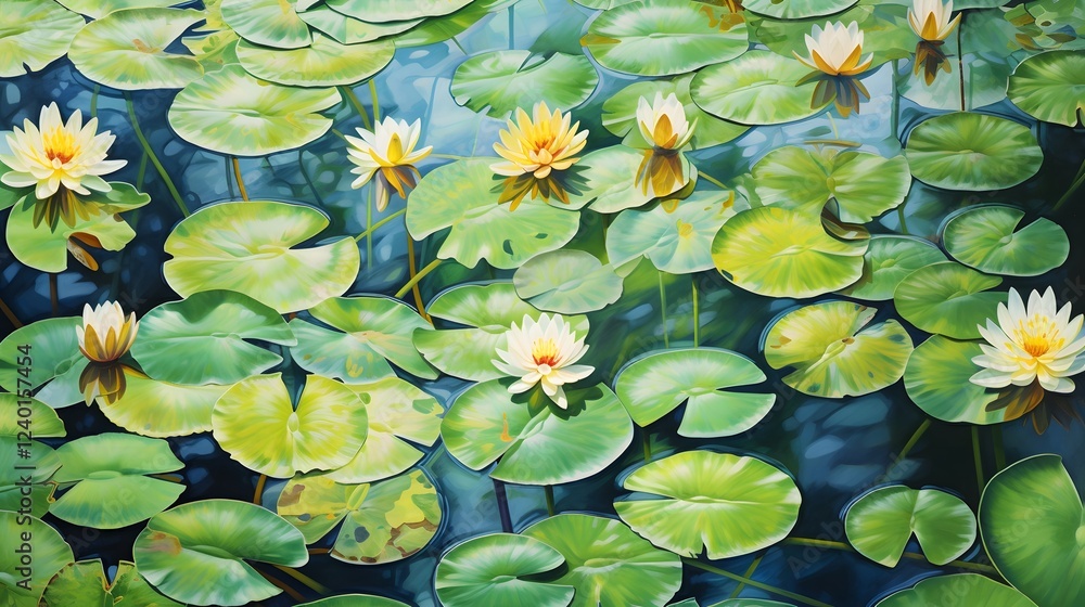 Poster serene lily pads gracefully floating on the calm reflective surface of a tranquil lake in a lush nat