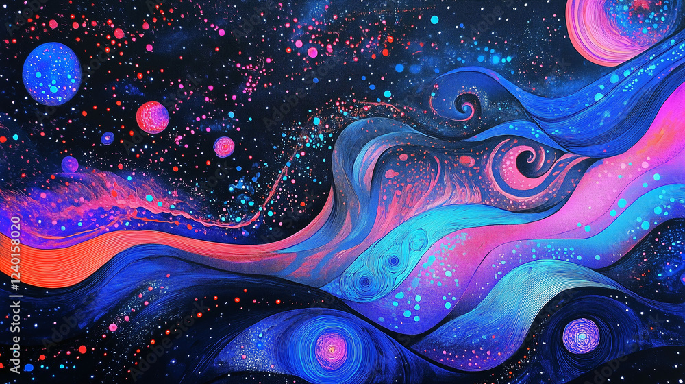 Poster mesmerizing expanse of deep space adorned with swirling colors and celestial bodies. generative ai