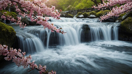 peaceful waterfall in the forest with cherry blossom trees