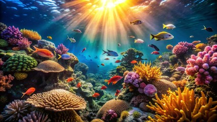 Obraz premium Vibrant Underwater Scene with Marine Life and Coral Reef Sunlight