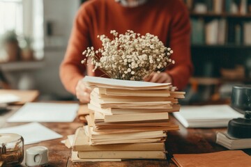 A teacher preparing lesson plans in advance, organizing worksheets on a classroom desk