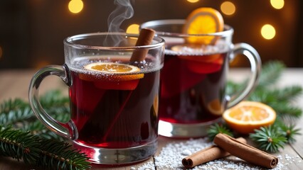 Two glasses of mulled wine sit among snowy pine branches. Cinnamon sticks, dried oranges, and glowing fairy lights create a festive and cozy winter atmosphere.