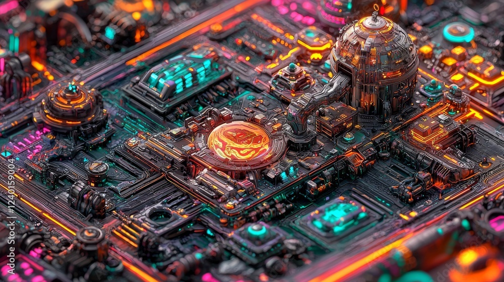 Poster futuristic cityscape with neon colors and complex structures view from above in a detailed and artis