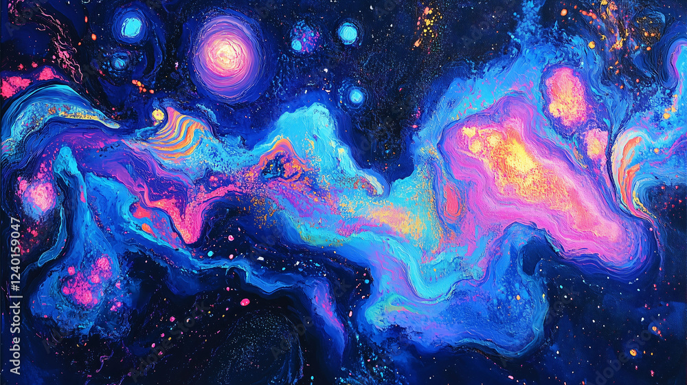 Poster vibrant cosmic landscape filled with colorful swirls and starry formations in the vast expanse of de