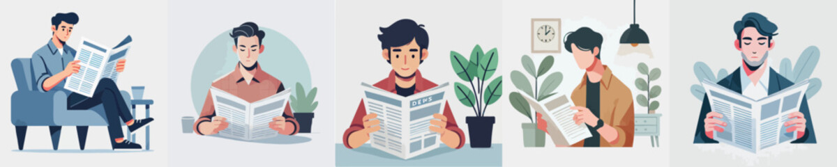 vector collection of men sitting relaxed and reading a newspaper