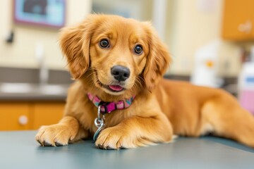 A veterinarian thoroughly examining a dog on an examination table, using a stethoscope and calming the animal