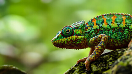 A green and blue lizard is on a log