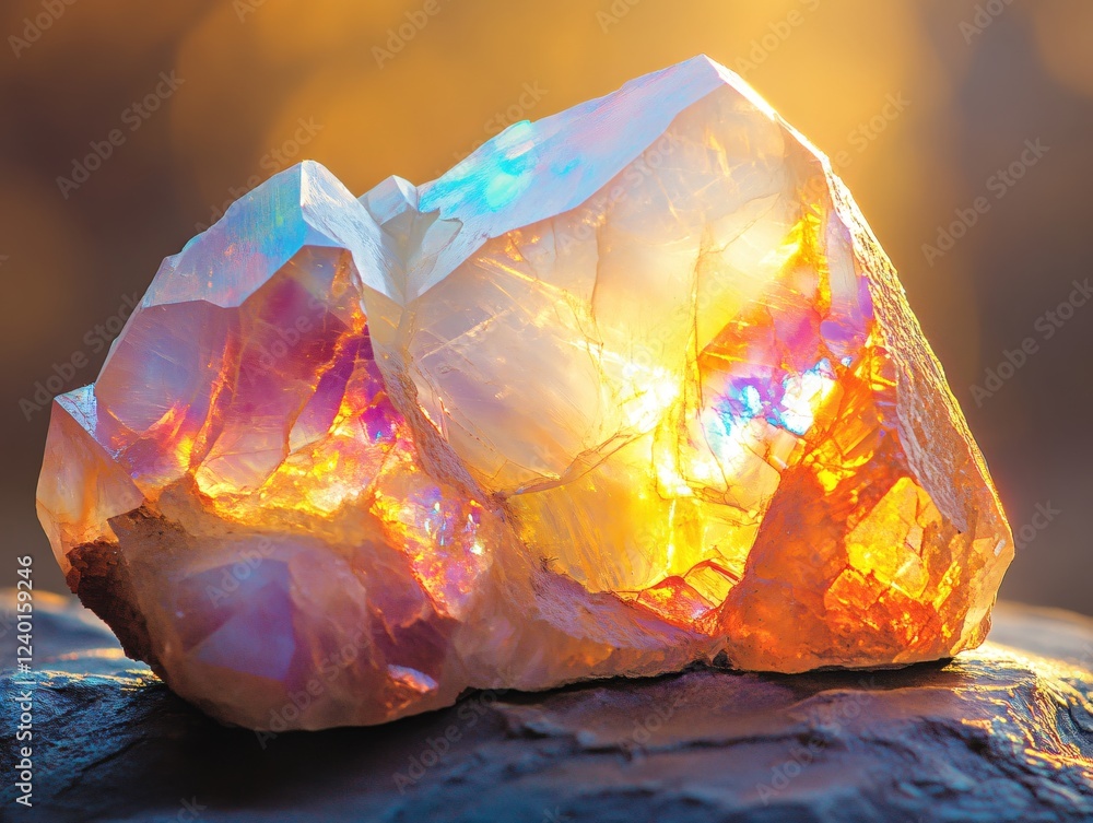 Poster iridescent crystal with warm light on dark stone surface creating a magical effect
