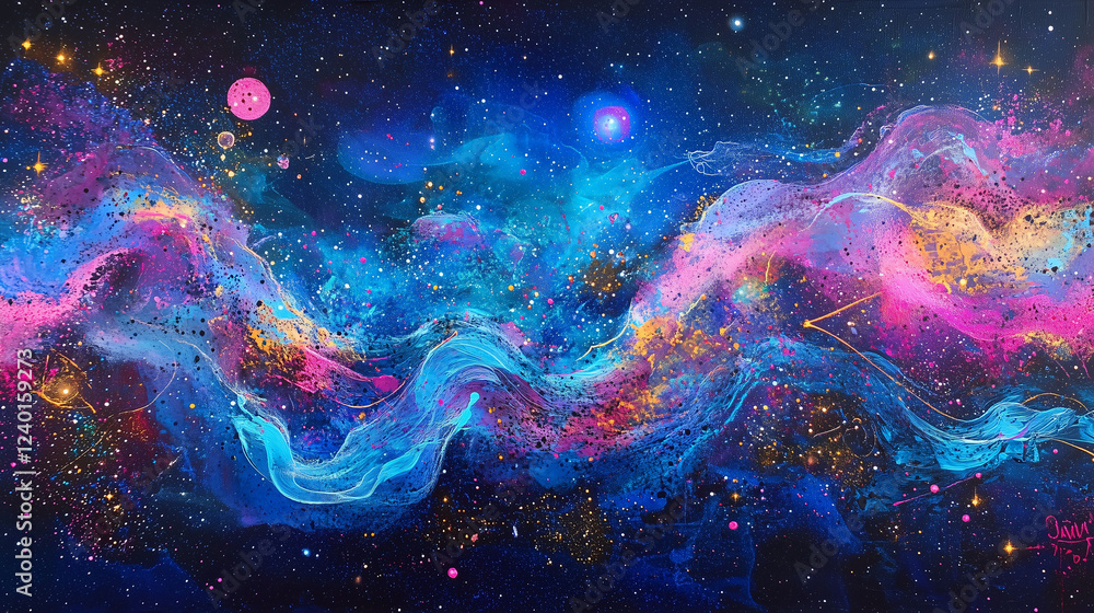 Poster mesmerizing expanse of deep space adorned with vibrant colors and swirling cosmic patterns. generati