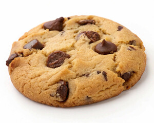 The cookie is placed on a white background, emphasizing its golden-brown color, chocolate chips, and texture.
