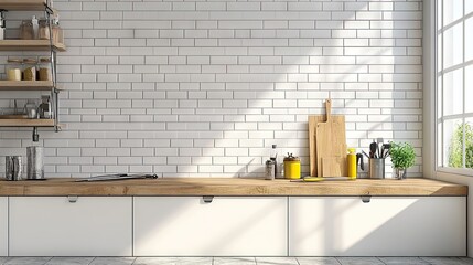 Cozy kitchen under renovation with fresh white subway tiles, an open cabinet frame, and tools left on the counter.